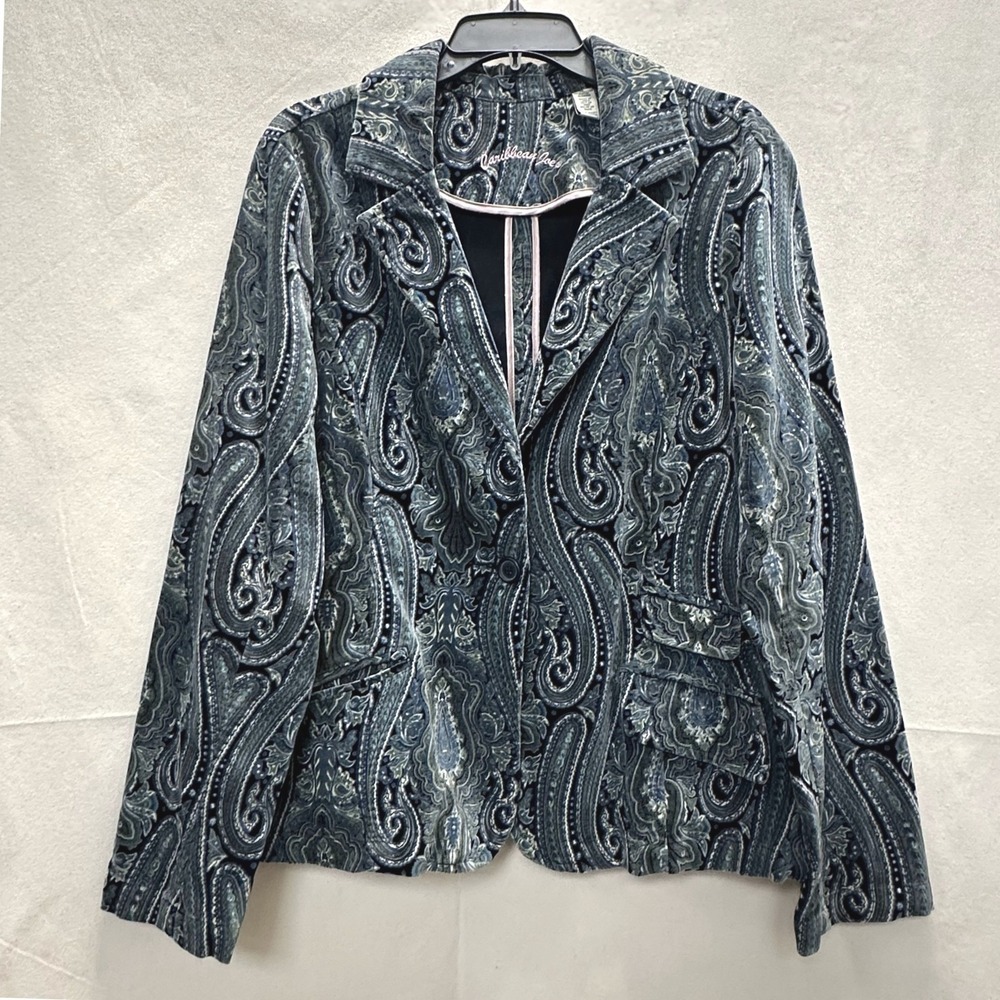 Caribbean Joe Moody Dark Romantic Blue Paisley Velvet Blazer 100% Cotton Size 16